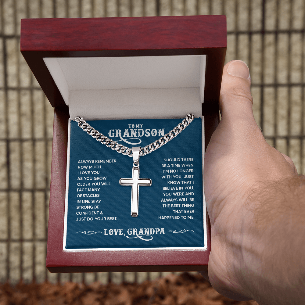 To My Grandson - Gift From Grandpa - Cuban Link Chain with Engraved Artisan Cross