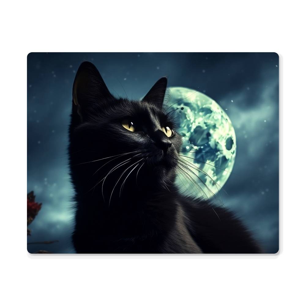 High Gloss Metal Art Print, Black Cat, Moon, Landscape