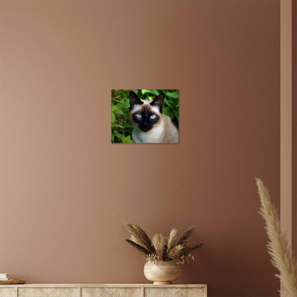 High Gloss Metal Art Print, White Cat, Black Face, Blue Eyes, Landscape