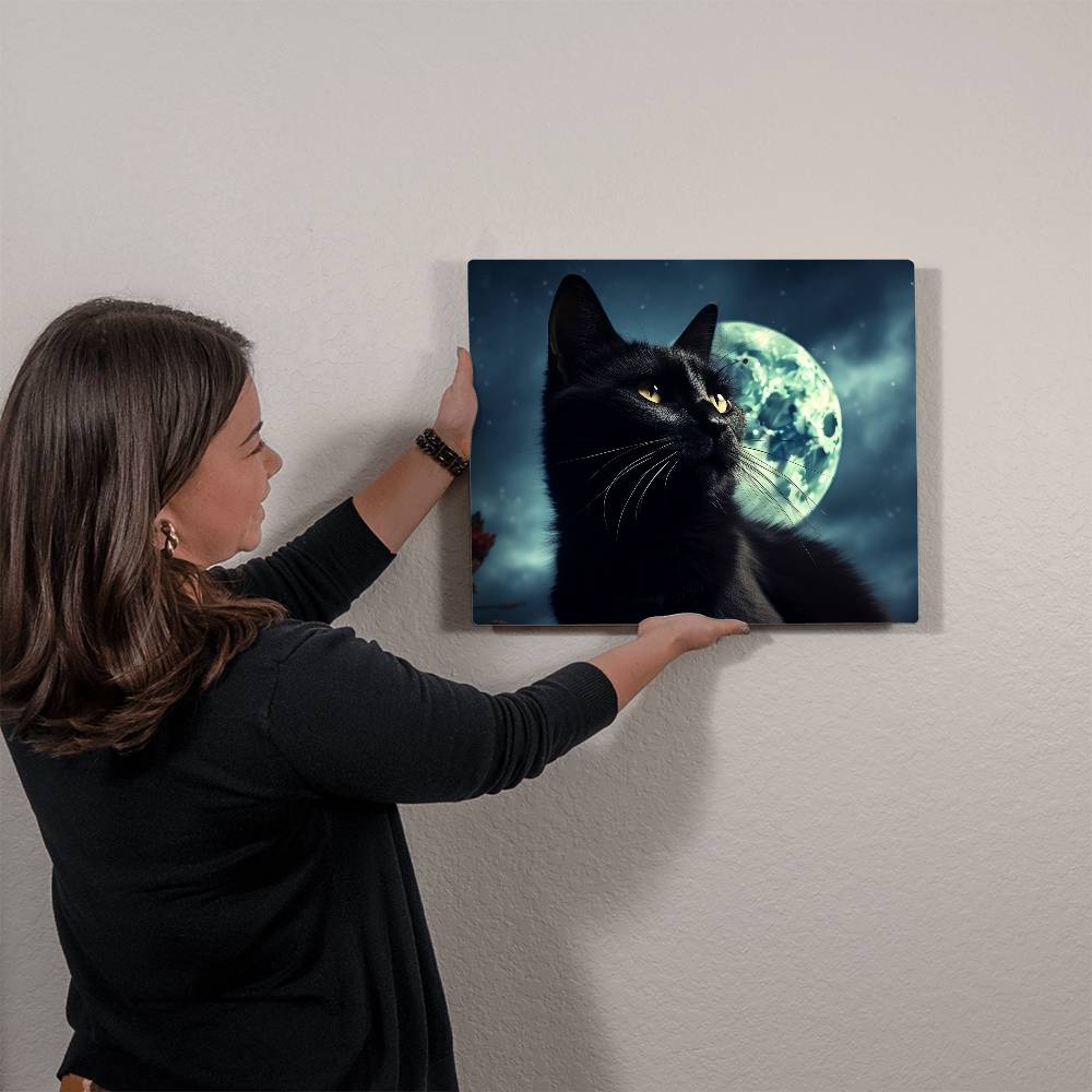 High Gloss Metal Art Print, Black Cat, Moon, Landscape