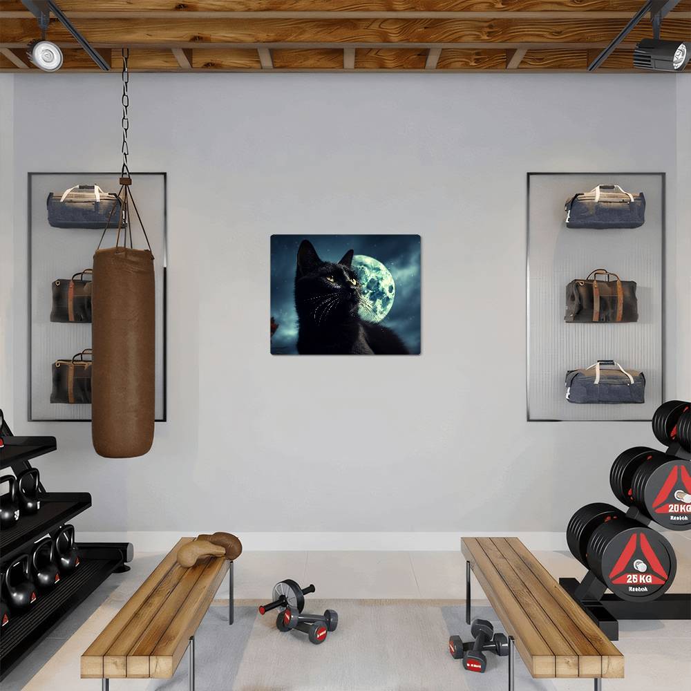 High Gloss Metal Art Print, Black Cat, Moon, Landscape