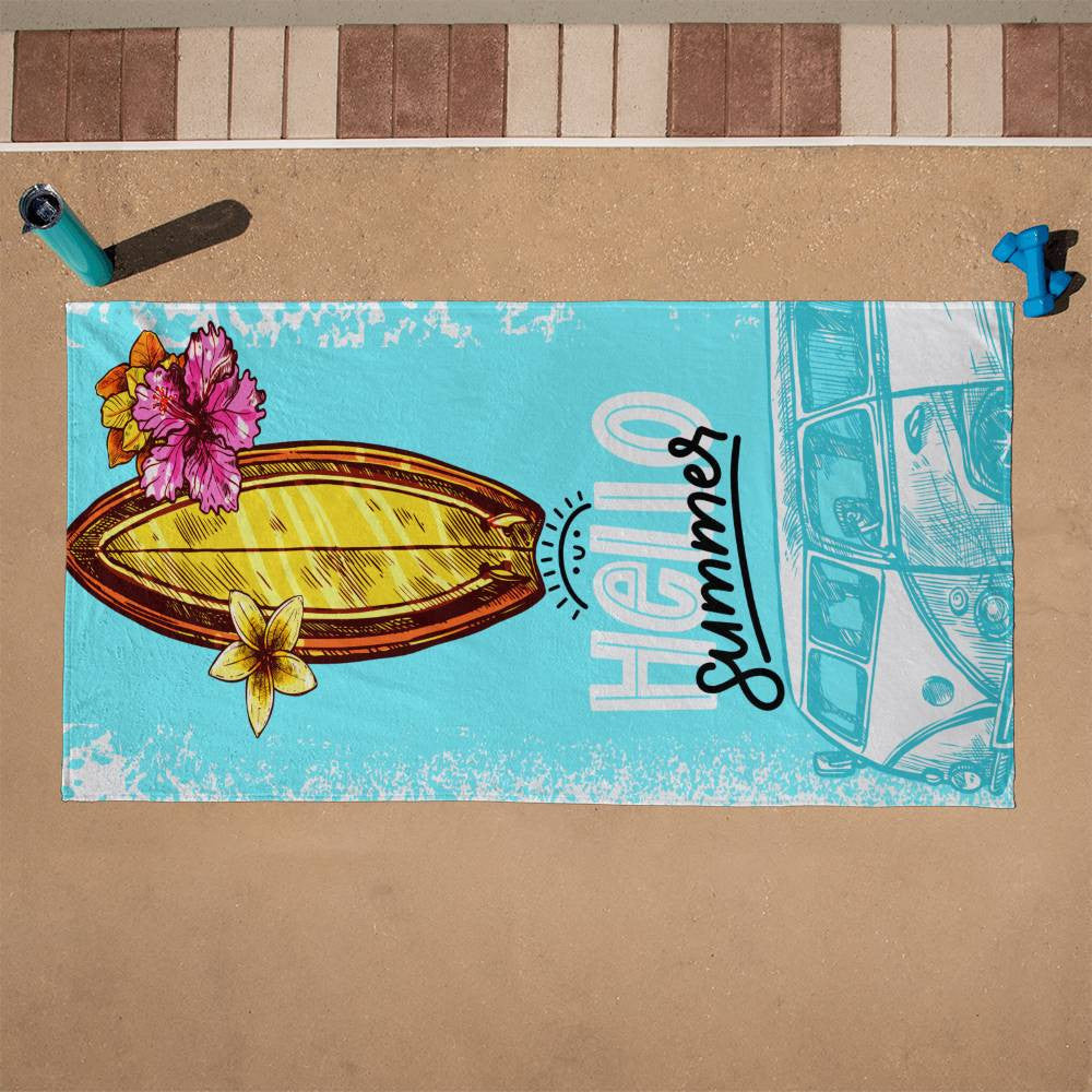 Beach Towel-Hello Summer WV Van and Surfboard