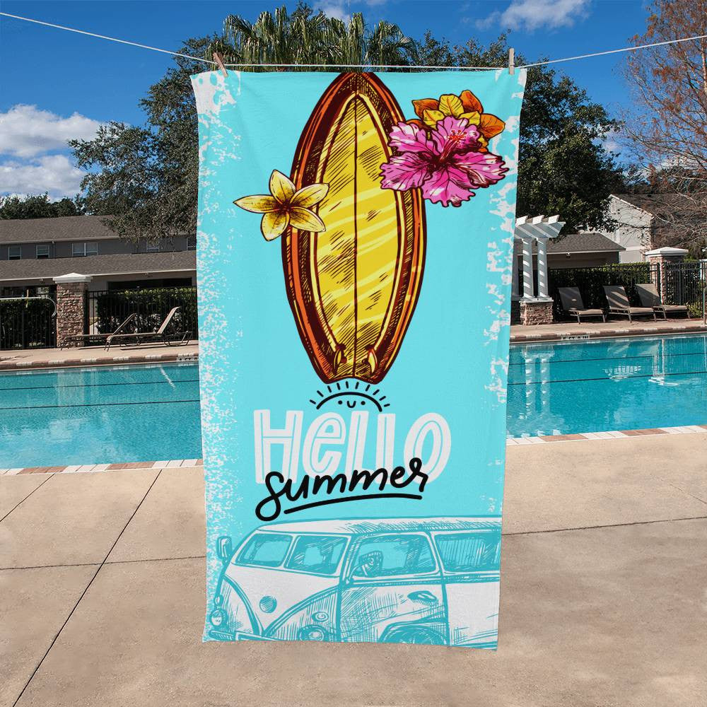 Beach Towel-Hello Summer WV Van and Surfboard