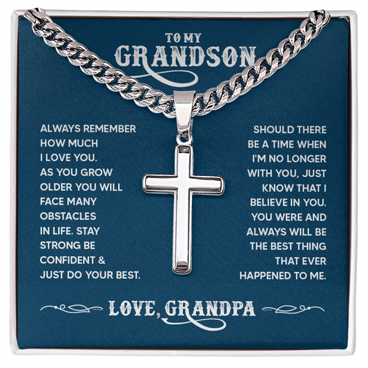 To My Grandson - Gift From Grandpa - Cuban Link Chain with Engraved Artisan Cross