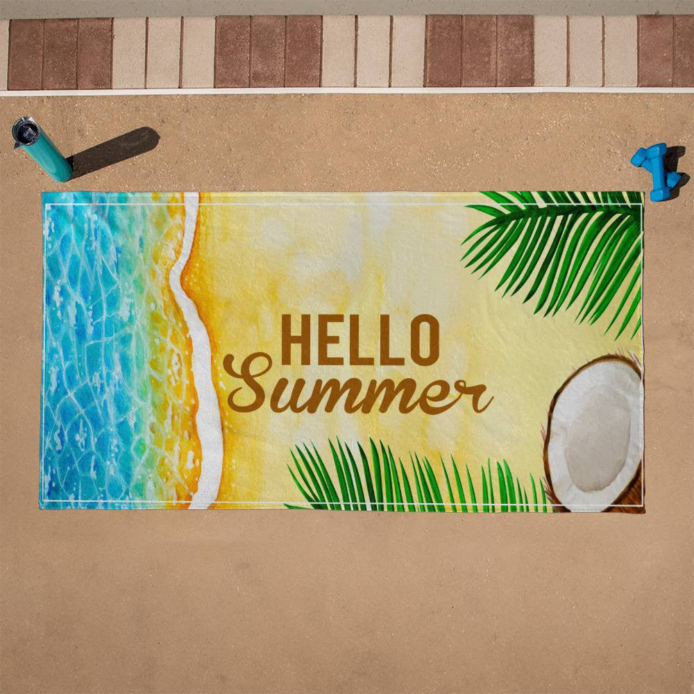 Beach Towel-Hello Summer Beach Palms and Coconut