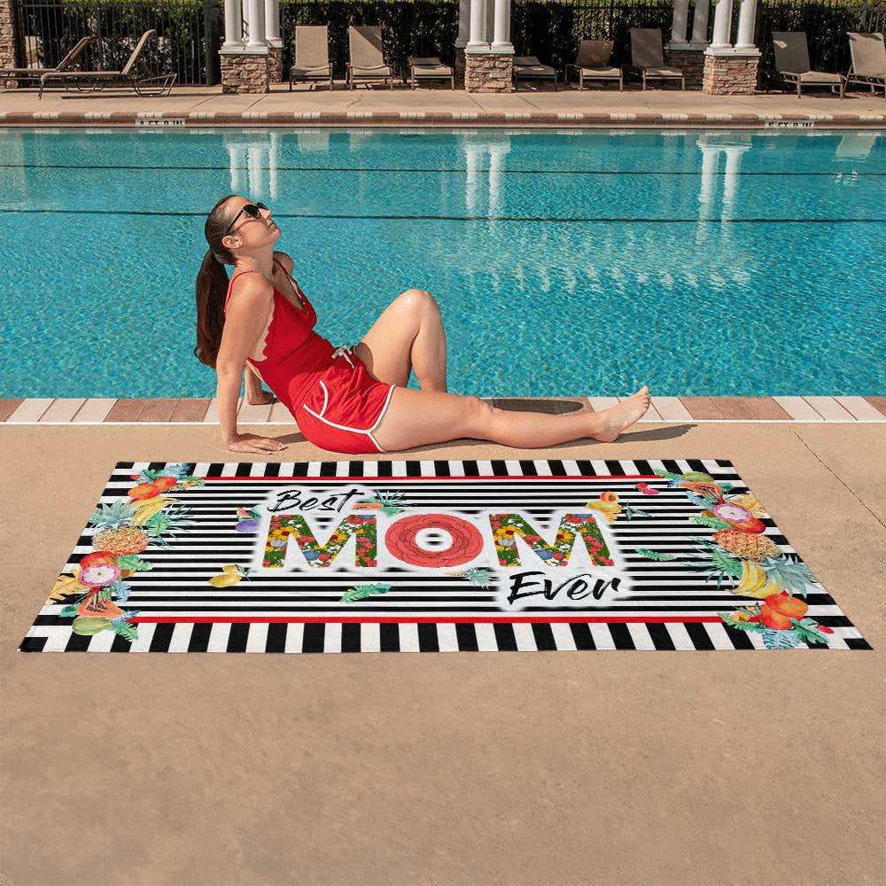 Beach Towel-Best Mom Ever Stripes and Fruit