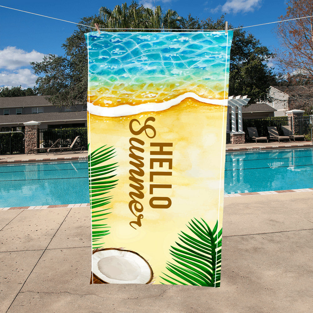 Beach Towel-Hello Summer Beach Palms and Coconut