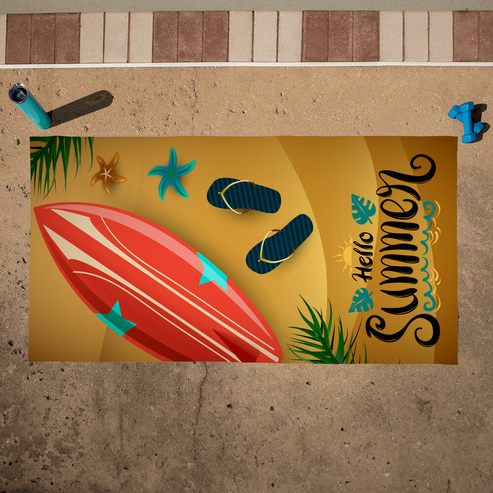 Beach Towel-Hello Summer With Surfboard and Sandals